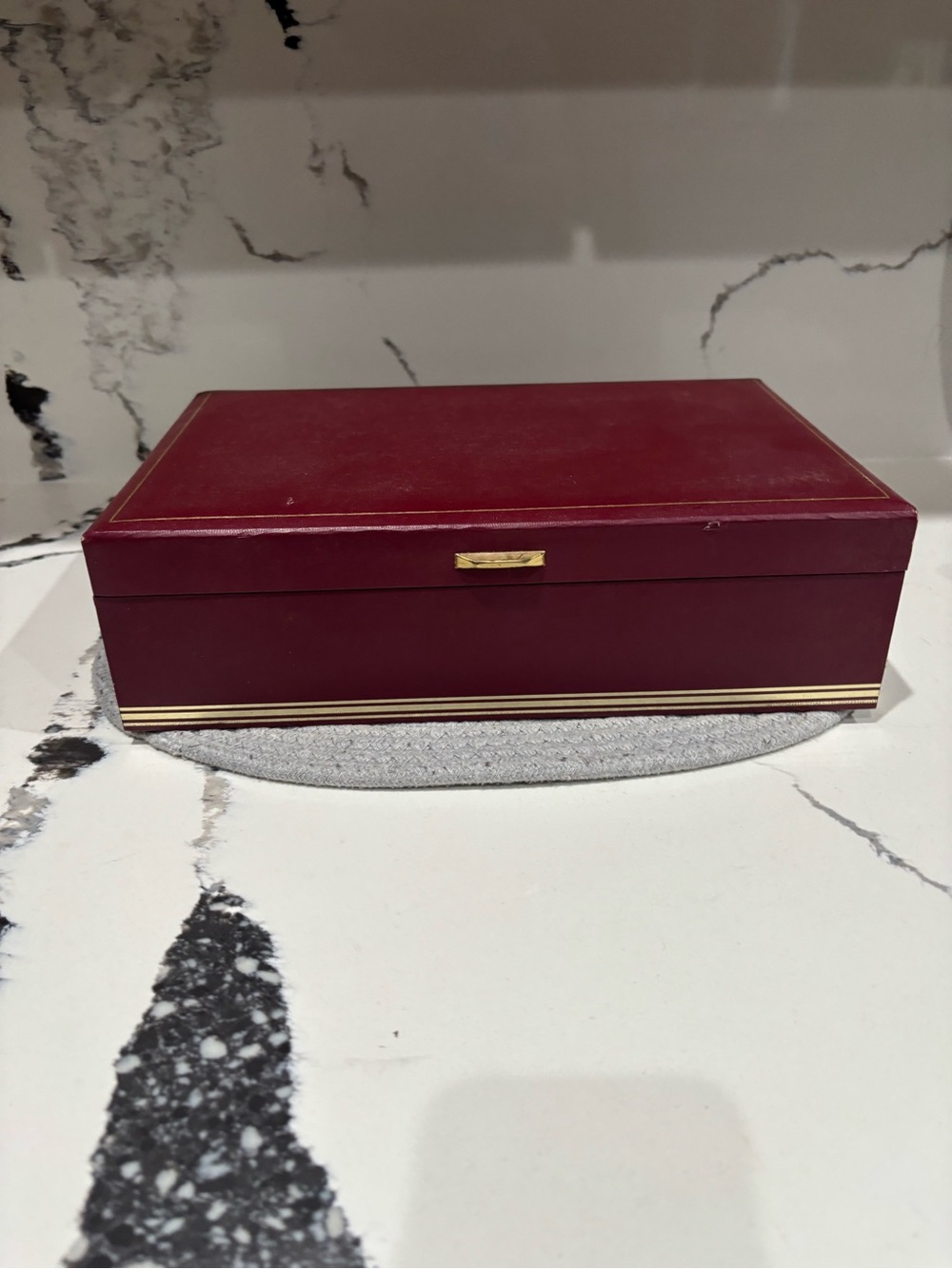 Vintage Mele Jewelry Box in Deep Burgundy with Gold Trim